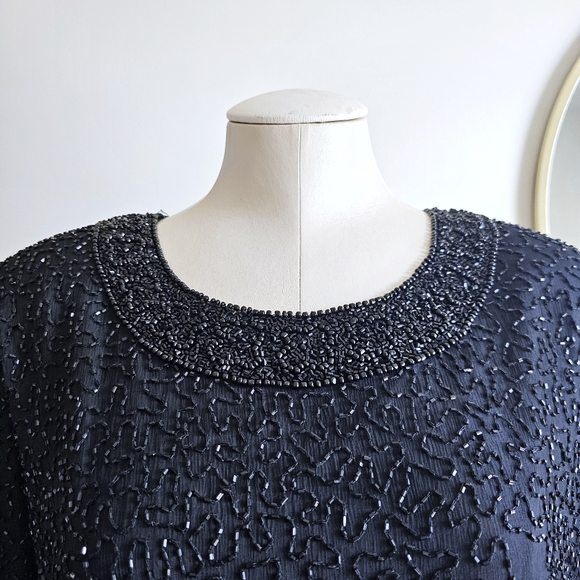 100% Pure Silk Mark & John By Gopal Black Beaded Cocktail Elegant Dress Sz Large - Picture 5 of 16